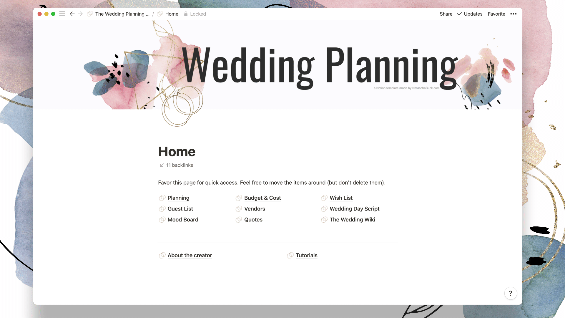 Notion Wedding Planning Template animated, showing all modules